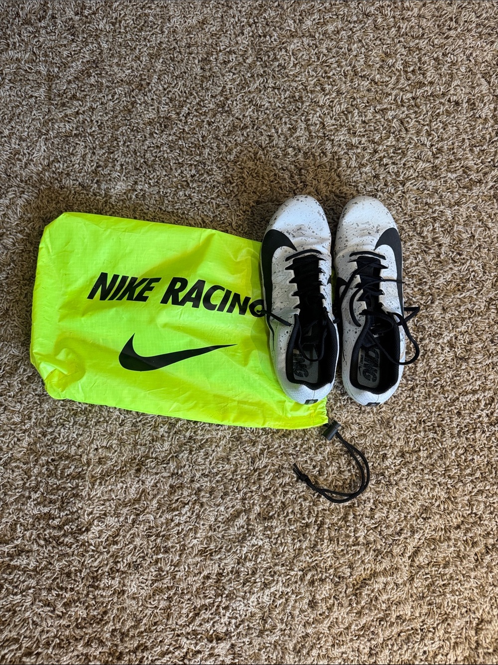 Nike White and Black Track Spikes with Neon Drawstring Bag